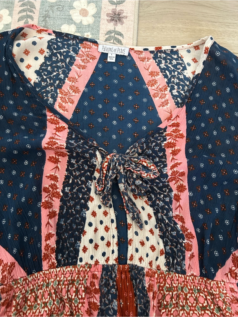 Boho Patchwork Maxi Dress in Navy, Coral & Cream - Picture 2 of 2